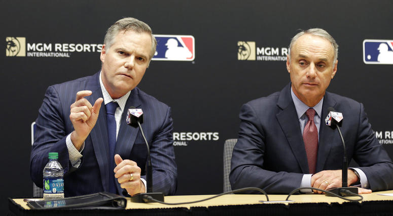 MGM Resorts CEO James Murren, left, and MLB Commissioner Rob Manfred speak during a news conference at MLB headquarters in New York MGM Resorts CEO James Murren, left, and MLB Commissioner Rob Manfred speak during a news conference at MLB headquarters in New York