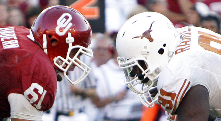 Texas defensive tackle Kheeston Randall (91) and Oklahoma offensive lineman Ben Habern (61) face off at the line of scrimmage Texas defensive tackle Kheeston Randall (91) and Oklahoma offensive lineman Ben Habern (61) face off at the line of scrimmage