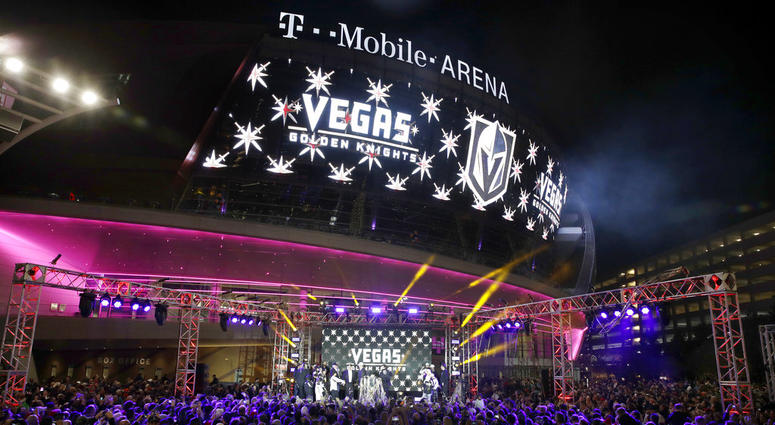 In this Tuesday, Nov. 22, 2016, file photo, the team name is displayed on a screen during an event to unveil the name of Las Vegas' NHL franchise, in Las Vegas. DO NOT USE