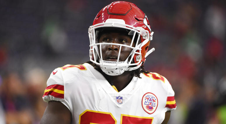 n this Oct. 8, 2017, file photo, Kansas City Chiefs running back Kareem Hunt warms up for the team's NFL football game against the Houston Texans in Houston. DO NOT USE