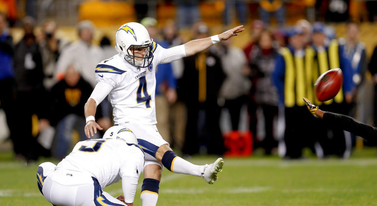 Los Angeles Chargers kicker Mike Badgley (4) hits a field goal from the hold by Donnie Jones to defeat the Pittsburgh Steelers 33-30 with no time left in an NFL football game Los Angeles Chargers kicker Mike Badgley (4) hits a field goal from the hold by Donnie Jones to defeat the Pittsburgh Steelers 33-30 with no time left in an NFL football game