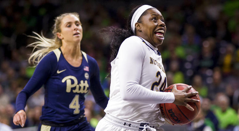 Notre Dame's Arike Ogunbowale (24) drives in on a fast break in front of Pittsburgh's Cassidy Walsh Notre Dame's Arike Ogunbowale (24) drives in on a fast break in front of Pittsburgh's Cassidy Walsh