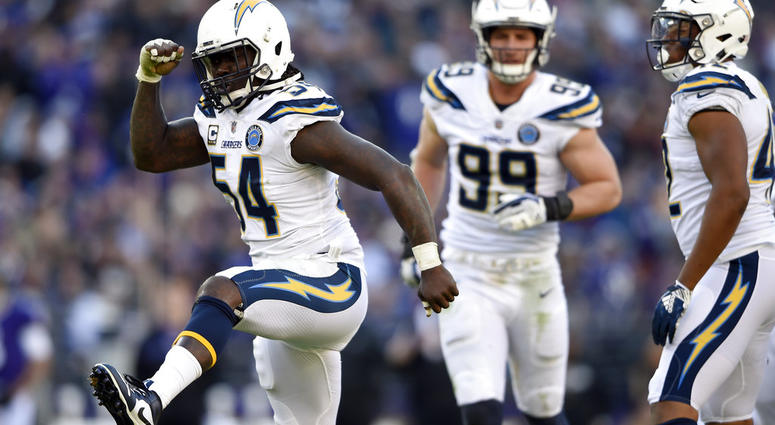 Los Angeles Chargers defensive end Melvin Ingram (54) celebrates after sacking Baltimore Ravens quarterback Lamar Jackson Los Angeles Chargers defensive end Melvin Ingram (54) celebrates after sacking Baltimore Ravens quarterback Lamar Jackson