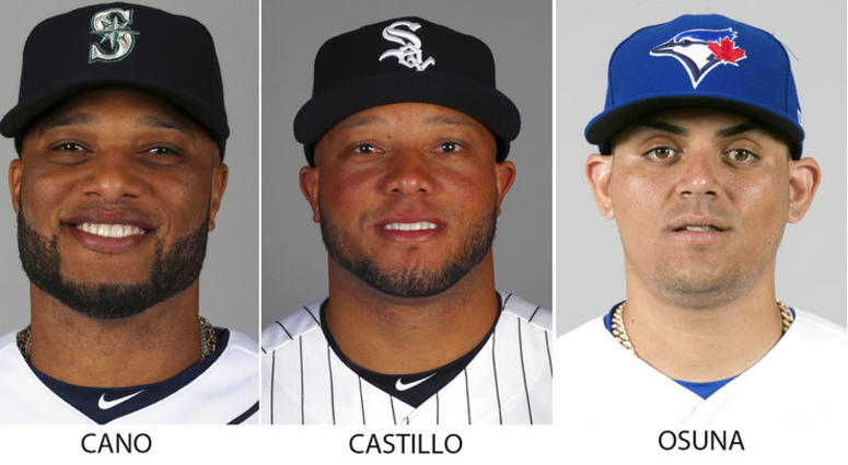 From left are 2018 file photos showing Robinson Cano, Welington Castillo, Roberto Osuna and Colby Rasmus. DO NOT USE