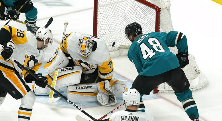 San Jose Sharks center Tomas Hertl (48) scores a goal past Pittsburgh Penguins goaltender Matt Murray (30) during the third period in an NHL hockey game in San Jose, Calif., Tuesday, Jan. 15, 2019. San Jose won 5-2. DO NOT USE