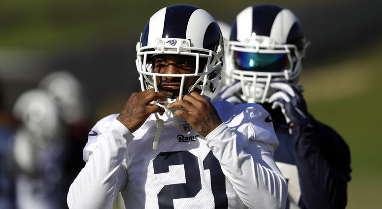Los Angeles Rams' Aqib Talib (21) warms up during practice at the team's NFL football training facility Friday, Jan. 18, 2019 Los Angeles Rams' Aqib Talib (21) warms up during practice at the team's NFL football training facility Friday, Jan. 18, 2019