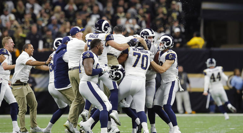 Los Angeles Rams celebrate after overtime of the NFL football NFC championship game against the New Orleans Saints Los Angeles Rams celebrate after overtime of the NFL football NFC championship game against the New Orleans Saints