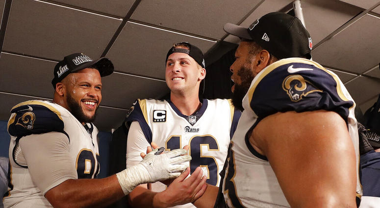 Los Angeles Rams defensive end Aaron Donald (99) Los Angeles Rams nose tackle Ndamukong Suh (93) and Los Angeles Rams quarterback Jared Goff Los Angeles Rams defensive end Aaron Donald (99) Los Angeles Rams nose tackle Ndamukong Suh (93) and Los Angeles Rams quarterback Jared Goff