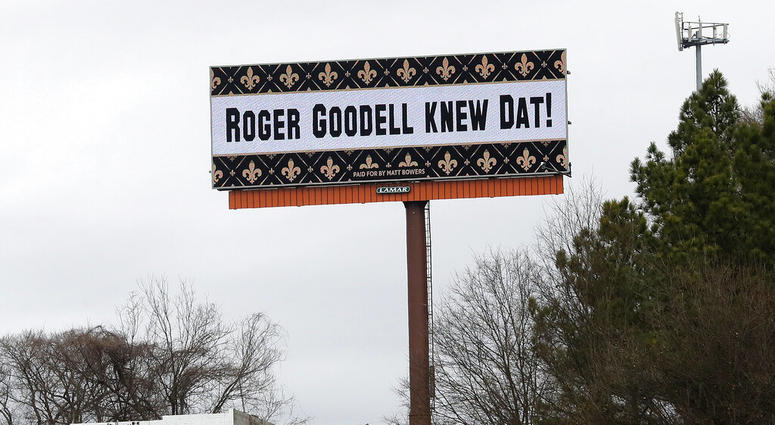 A billboard protesting a controversial call in Sunday's NFL football game between the New Orleans Saints and Los Angeles Rams is shown along I75 near Hartsfield Jackson Atlanta International Airport in Atlanta Tuesday, Jan. 22, 2019. DO NOT USE