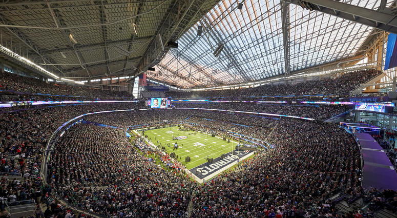 U.S. Bank Stadium during the pregame of the NFL Super Bowl 52 football game, in Minneapolis. AP DO NOT USE