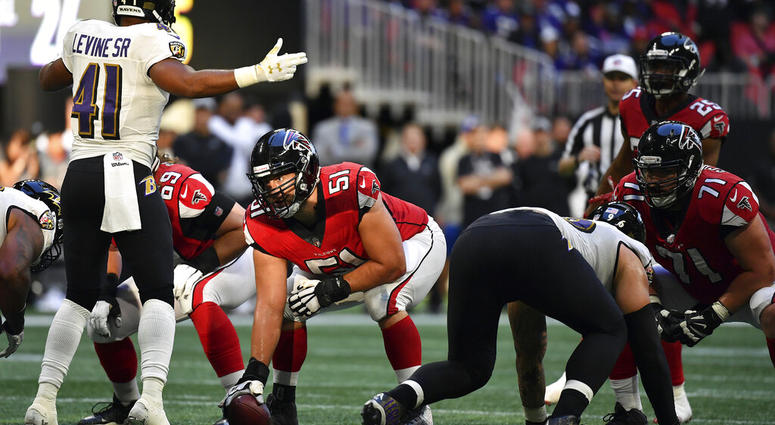 Atlanta Falcons center Alex Mack (51) prepares to work against the Baltimore Ravens during the second half of an NFL football game in Atlanta AP DO NOT USE