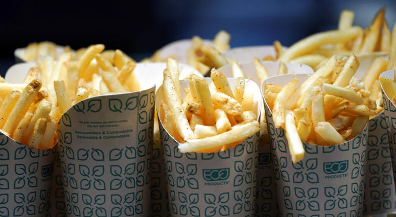 French fries wait to be served during a tour of Mercedes-Benz Stadium for the NFL Super Bowl 53 AP DO NOT USE