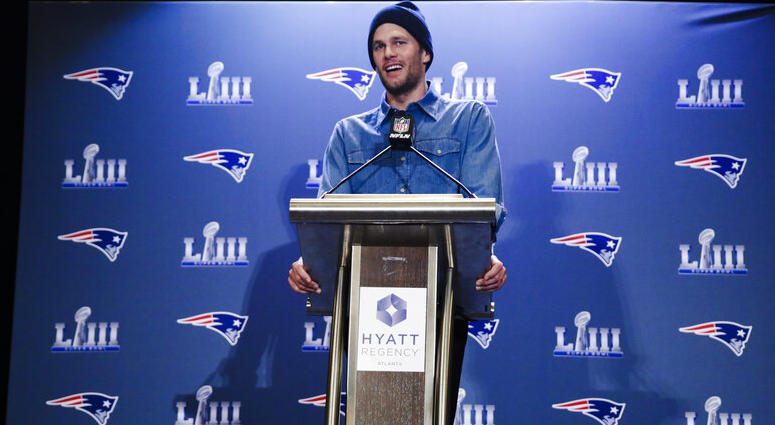 New England Patriots quarterback Tom Brady speaks with members of the media during a news conference Thursday, Jan. 31, 2019 DO NOT USE
