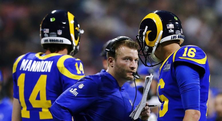 Los Angeles Rams head coach Sean McVay, center, speaks to Jared Goff (16) on the sideline during the second half of the NFL Super Bowl 53 football game against the New England Patriots, Sunday, Feb. 3, 2019, in Atlanta Los Angeles Rams head coach Sean McVay, center, speaks to Jared Goff (16) on the sideline during the second half of the NFL Super Bowl 53 football game against the New England Patriots, Sunday, Feb. 3, 2019, in Atlanta