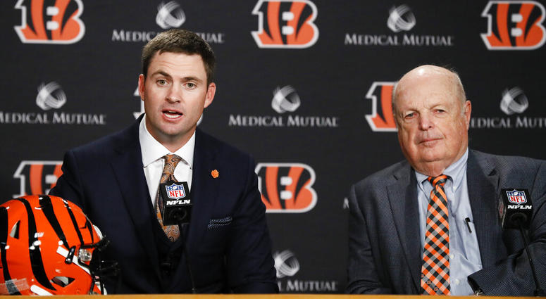 Cincinnati Bengals football head coach Zac Taylor, left, speaks alongside Bengals owner Mike Brown, right Cincinnati Bengals football head coach Zac Taylor, left, speaks alongside Bengals owner Mike Brown, right