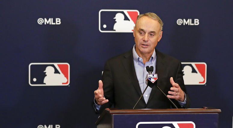 Rob Manfred, commissioner of Major League Baseball, speaks during a news conference at owners meetings Friday, Feb. 8, 2019, in Orlando, Fla. Rob Manfred, commissioner of Major League Baseball, speaks during a news conference at owners meetings Friday, Feb. 8, 2019, in Orlando, Fla.