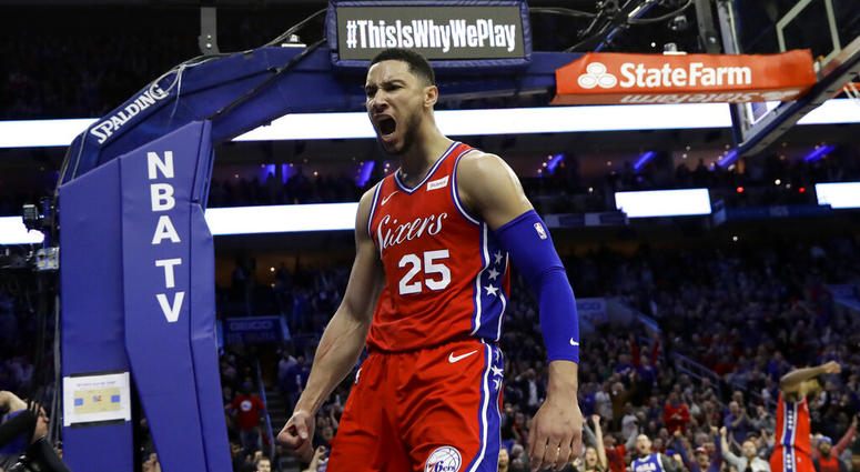 Philadelphia 76ers' Ben Simmons reacts after being fouled during the second half of the team's NBA basketball game against the Denver Nuggets Philadelphia 76ers' Ben Simmons reacts after being fouled during the second half of the team's NBA basketball game against the Denver Nuggets