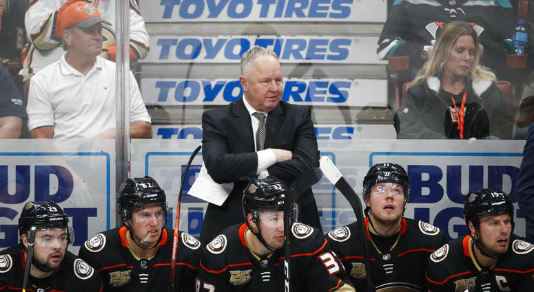 Anaheim Ducks coach Randy Carlyle, center Anaheim Ducks coach Randy Carlyle, center
