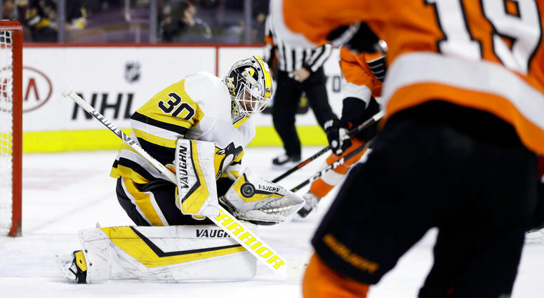 Pittsburgh Penguins' Matt Murray (30) blocks a shot during the second period of an NHL hockey game against the Philadelphia Flyers, Monday, Feb. 11, 2019, in Philadelphia Pittsburgh Penguins' Matt Murray (30) blocks a shot during the second period of an NHL hockey game against the Philadelphia Flyers, Monday, Feb. 11, 2019, in Philadelphia