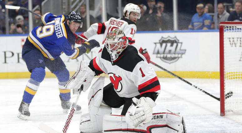 New Jersey Devils goaltender Keith Kinkaid (1) makes a save in the second period of an NHL hockey game against the St. Louis Blues, DO NOT USE