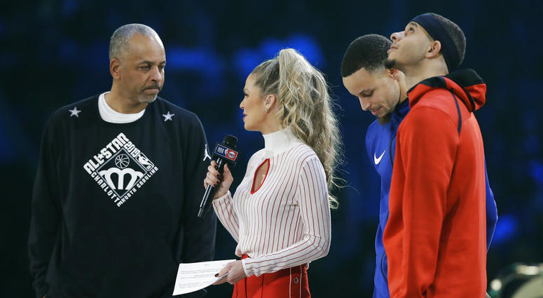 Dell Curry and son's Stephen Curry and Seth Curry are interviewed during the NBA All-Star 3-Point contest, Saturday, Feb. 16, 2019, in Charlotte, N.C. Dell Curry and son's Stephen Curry and Seth Curry are interviewed during the NBA All-Star 3-Point contest, Saturday, Feb. 16, 2019, in Charlotte, N.C.