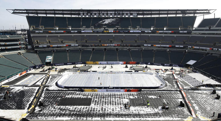 An insulated tarp covers the ice ahead of the NHL Winter Classic hockey game between the Pittsburgh Penguins and Philadelphia Flyers, in Philadelphia AP DO NOT USE