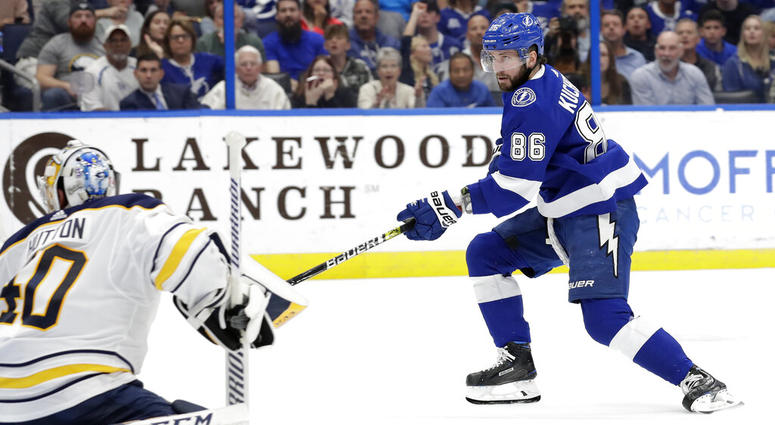 Tampa Bay Lightning right wing Nikita Kucherov (86), of Russia, watches his goal get past Buffalo Sabres goaltender Carter Hutton AP DO NOT USE