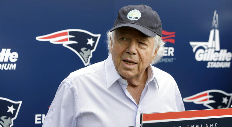 New England Patriots owner Robert Kraft speaks with reporters following an NFL football minicamp practice, in Foxborough, Mass. AP DO NOT USE