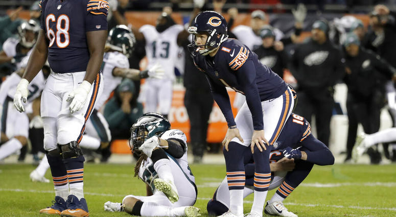 Chicago Bears kicker Cody Parkey (1) reacts after missing a field goal in the closing minute of the team's NFL wild-card playoff football game against the Philadelphia Eagles in Chicago. Chicago Bears kicker Cody Parkey (1) reacts after missing a field goal in the closing minute of the team's NFL wild-card playoff football game against the Philadelphia Eagles in Chicago.