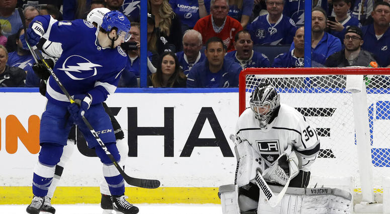 Tampa Bay Lightning center Anthony Cirelli (71) watches his deflection get past Los Angeles Kings goaltender Jack Campbell (36) AP DO NOT USE