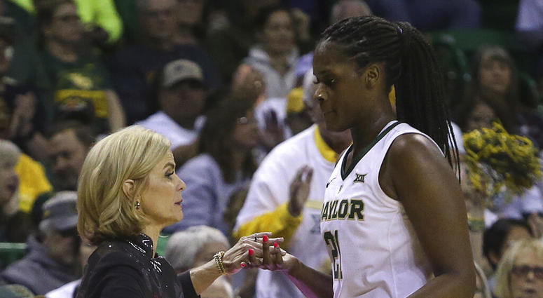 Baylor head coach Kim Mulkey thanks Baylor center Kalani Brown (21) as she head to the bench in the second half of an NCAA college basketball game, Saturday, March 2, 2019, in Waco, Texas. Baylor defeated Oklahoma State 76-44 Baylor head coach Kim Mulkey thanks Baylor center Kalani Brown (21) as she head to the bench in the second half of an NCAA college basketball game, Saturday, March 2, 2019, in Waco, Texas. Baylor defeated Oklahoma State 76-44