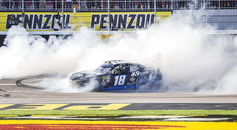 Kyle Busch celebrates with a burnout after winning the NASCAR Xfinity Series auto race Saturday, March 2, 2019, at Las Vegas Motor Speedway in Las Vegas Kyle Busch celebrates with a burnout after winning the NASCAR Xfinity Series auto race Saturday, March 2, 2019, at Las Vegas Motor Speedway in Las Vegas