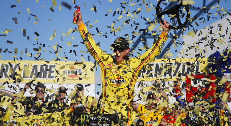 Joey Logano celebrates after winning a NASCAR Cup Series auto race at Las Vegas Motor Speedway, Sunday, March 3, 2019, in Las Vegas. Joey Logano celebrates after winning a NASCAR Cup Series auto race at Las Vegas Motor Speedway, Sunday, March 3, 2019, in Las Vegas.
