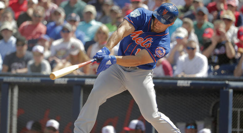 New York Mets' Tim Tebow (15) bats in the first inning during an exhibition spring training baseball game against the Washington Nationals, Thursday, March 7, 2019, in West Palm Beach, Fla. AP DO NOT USE