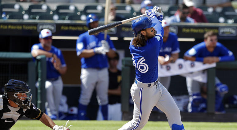 Toronto Blue Jays' Bo Bichette watches his two-run home run off Pittsburgh Pirates relief pitcher Matt Eckelman during the fourth inning of a spring training baseball game Friday AP DO NOT USE