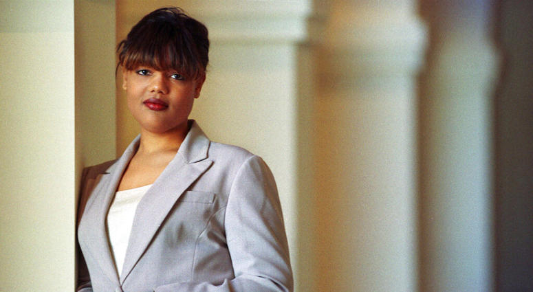 Freeda Foreman stands in The Regent Las Vegas Hotel and Casino in Las Vegas, following a press conference announcing her professional boxing debut. AP DO NOT USE