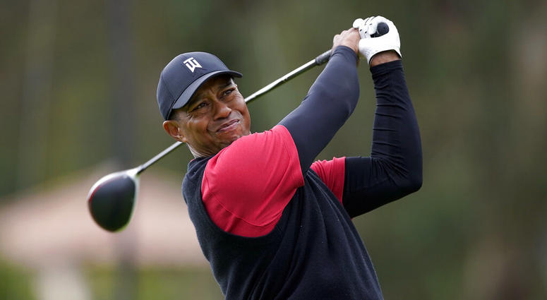 Tiger Woods tees off on the 17th hole during the final round of the Genesis Open golf tournament at Riviera Country Club in the Pacific Palisades area of Los Angeles. AP DO NOT USE