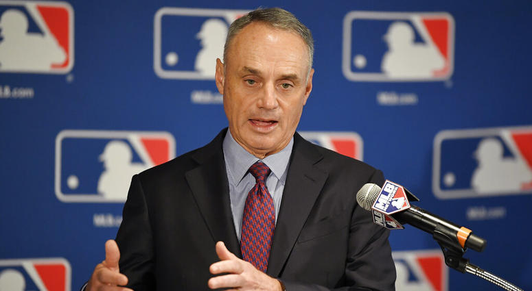 Major League Baseball commissioner Rob Manfred speaks during a news conference in Los Angeles. AP DO NOT USE