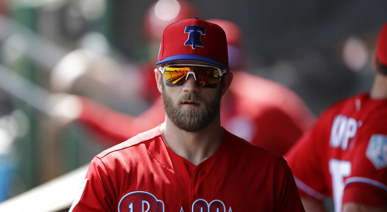 In this March 11, 2019 file photo Philadelphia Phillies right fielder Bryce Harper walks in the dugout before a spring training baseball game against the Tampa Bay Rays in Clearwater, Fla. AP DO NOT USE