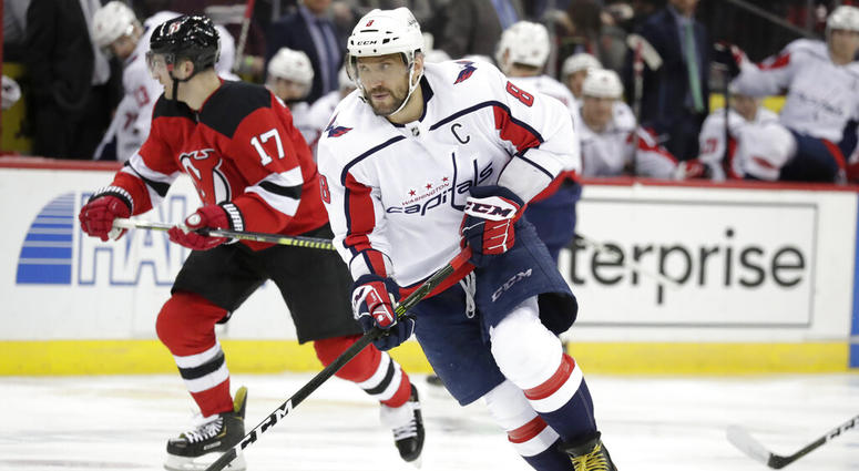 Washington Capitals left wing Alex Ovechkin, of Russia, skates against the New Jersey Devils during the third period of an NHL hockey game, Tuesday, March 19, 2019, in Newark, N.J. The Capitals won 4-1. AP DO NOT USE
