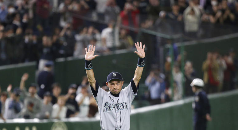 Seattle Mariners right fielder Ichiro Suzuki returns to the field for waiting fans after Game 2 of the Major League baseball opening series against the Oakland Athletics at Tokyo Dome in Tokyo, Thursday, March 21, 2019. AP DO NOT USE
