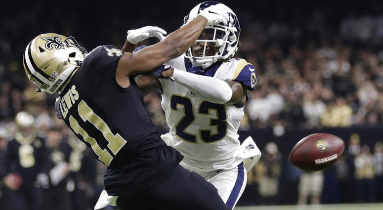In this Jan. 20, 2019, file photo, Los Angeles Rams' Nickell Robey-Coleman breaks up a pass intended for New Orleans Saints' Tommylee Lewis during the second half of the NFL football NFC championship game in New Orleans. AP DO NOT USE