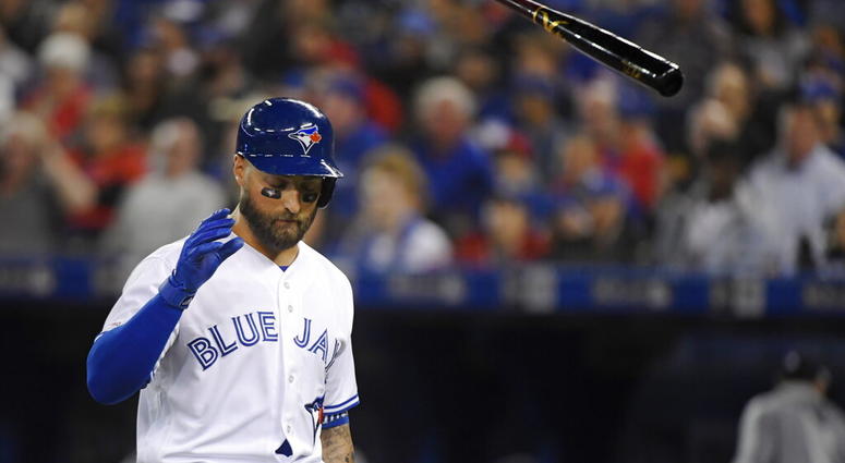Toronto Blue Jays' Kevin Pillar (11) tosses his bat after striking out during the fifth inning of a baseball game against the Detroit Tigers in Toronto, Thursday, March 28, 2019. AP DO NOT USE