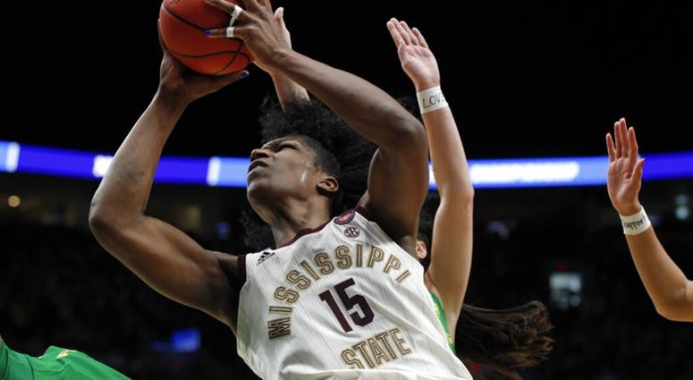 Mississippi State center Teaira McCowan drives to the basket against Oregon during the second half of a regional final in the NCAA women's college basketball tournament Sunday, March 31, 2019, in Portland, Ore. ap do not use
