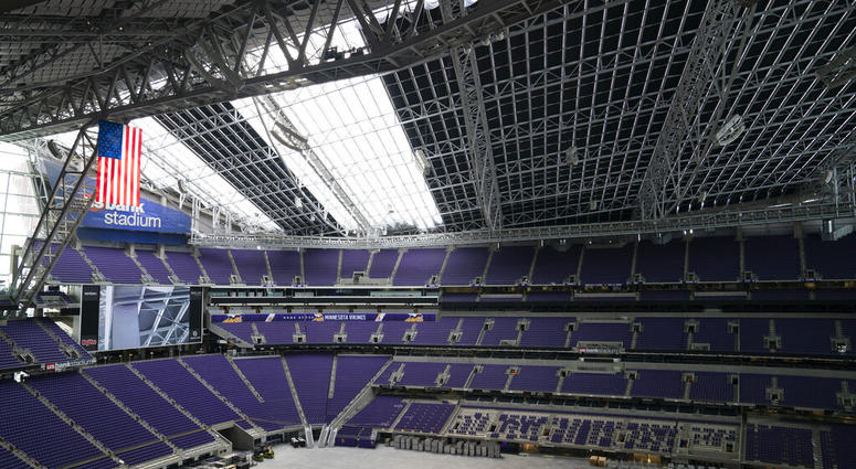 A portion of the rook is darkened with curtains as U.S. Bank Stadium in Minneapolis prepares for the NCAA college basketball Final Four, Tuesday, March 5, 2019. AP DO NOT USE