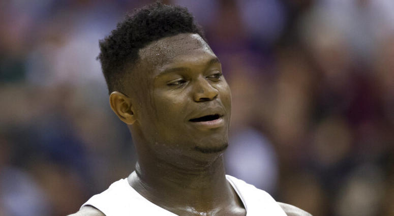 In this March 29, 2019, file photo, Duke forward Zion Williamson (1) reacts during an East Regional semifinal in the NCAA men's basketball tournamenet against Virginia Tech in Washington. AP DO NOT USE