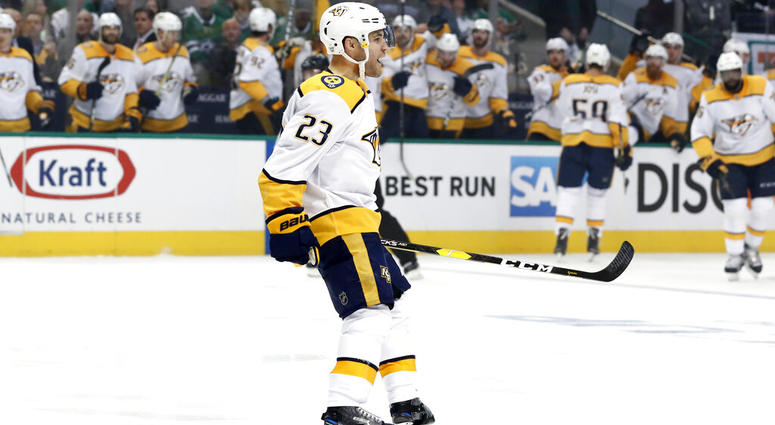 Nashville Predators center Rocco Grimaldi (23) celebrates his goal against the Dallas Stars in the second period of Game 3 in an NHL hockey first-round playoff series in Dallas, Monday, April 15, 2019. AP DO NOT USE