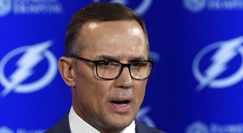 In this Feb. 26, 2018, file photo, Tampa Bay Lightning general manager Steve Yzerman gestures during a news conference before an NHL hockey game against the Toronto Maple Leafs, in Tampa, Fla. AP DO NOT USE