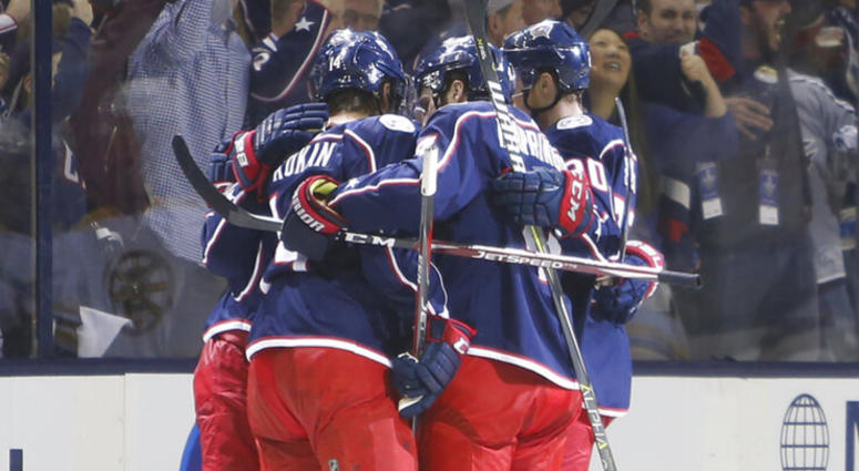 Columbus Blue Jackets players celebrate their goal against the Boston Bruins during the first period of Game 3 of an NHL hockey second-round playoff series Tuesday, April 30, 2019, in Columbus, Ohio. AP DO NOT USE