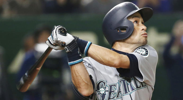 In this March 20, 2019, file photo, Seattle Mariners' Ichiro Suzuki pops out in the third inning of Game 1 of the Major League Baseball opening series against the Oakland Athletics at Tokyo Dome in Tokyo. AP DO NOT USE